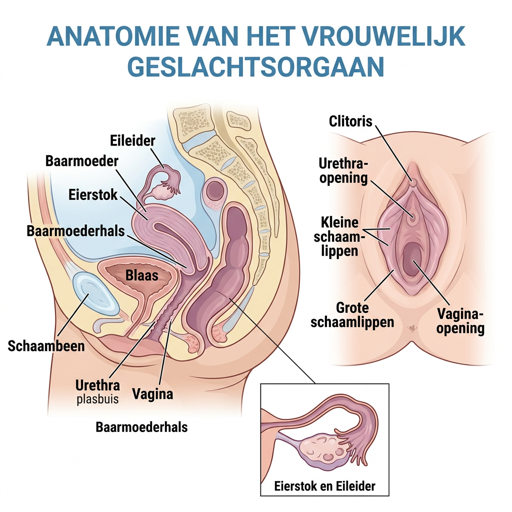 Nederlandstalig anatomiediagram met labels: anatomie van het vrouwelijk geslachtsorgaan, eileider, baarmoeder, eierstok, baarmoederhals, blaas, schaambeen, urethra, vagina, clitoris, urethra-opening, kleine schaamlippen, grote schaamlippen, vagina-opening, eierstok en eileider.