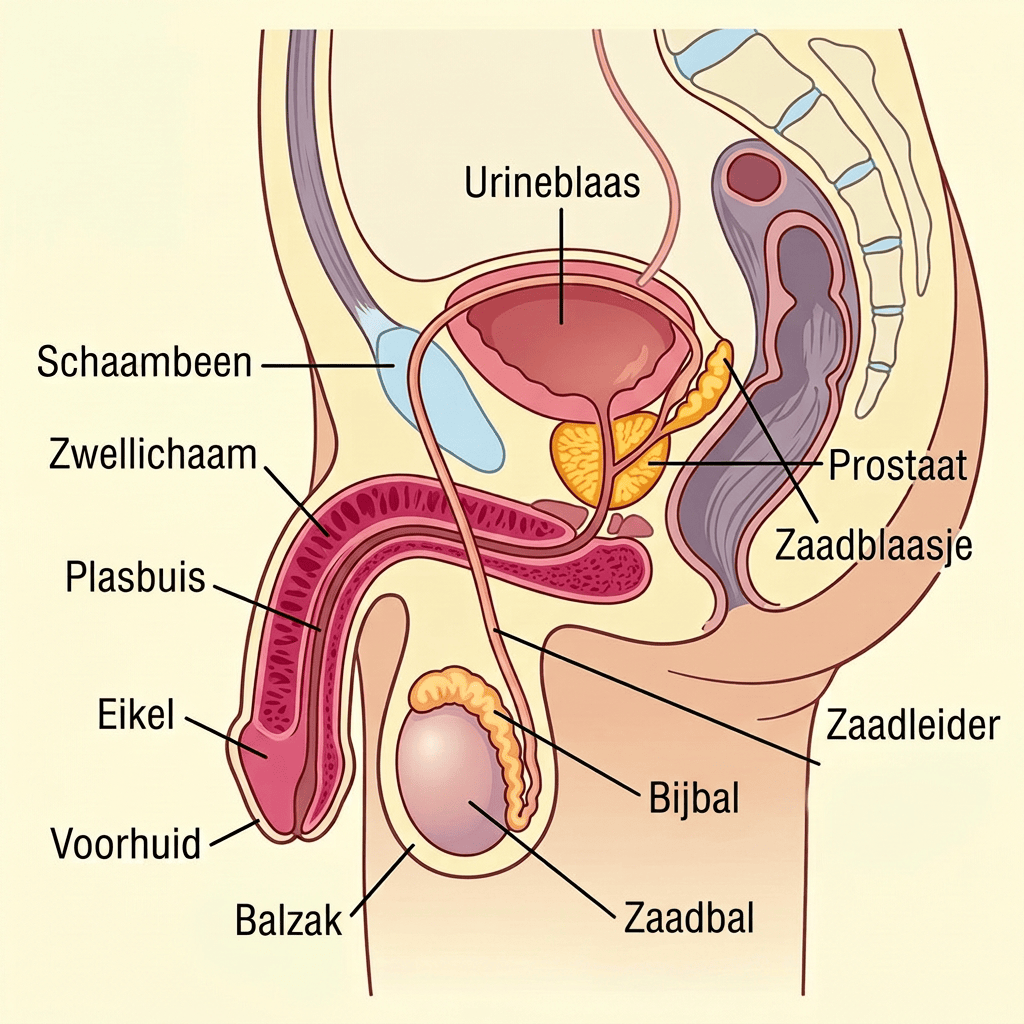 Gelabelde sagittale doorsnede met Urineblaas, Schaambeen, Zw lichaam, Urethra, Eikel, Voorhuid, Scrotum (balzak), Prostaat, Zaadblaasje, Zaadleider, Epididymis (bijbal) en Testis (zaadbal).