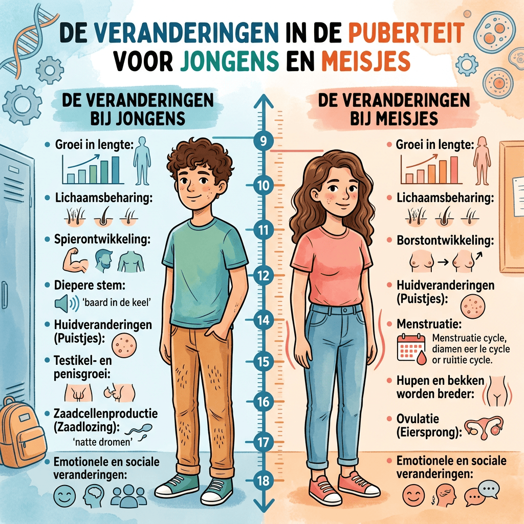 Infographic met de tekst 'DE VERANDERINGEN IN DE PUBERTEIT VOOR JONGENS EN MEISJES', met links veranderingen bij jongens en rechts veranderingen bij meisjes, verdeeld over leeftijden 9 tot 18 jaar.