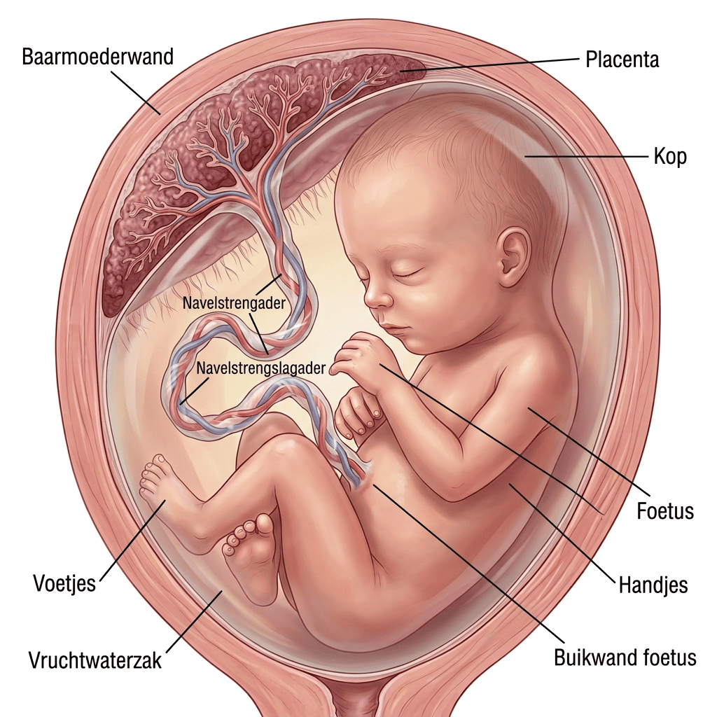 Fetus in the uterus connected to the placenta by the umbilical cord