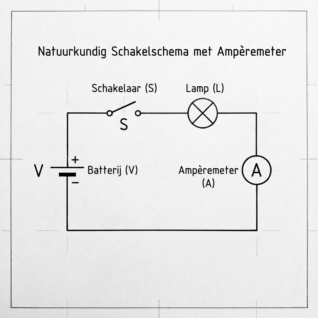 Labeled series circuit with battery, switch, lamp, and ammeter