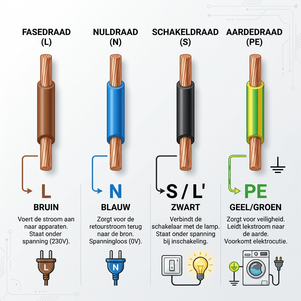 Infographic met vier elektrische draden: FASEDRAAD (L), bruin, voert stroom naar apparaten en staat onder spanning (230V); NULDRAAD (N), blauw, voert retourstroom naar de bron en staat spanningsloos (0V); SCHAKELDRAAD (S), zwart, verbindt de schakelaar met de lamp en staat onder spanning bij inschakeling; AARDEDRAAD (PE), geel/groen, zorgt voor veiligheid, leidt lekstroom naar de aarde en voorkomt elektrocutie.